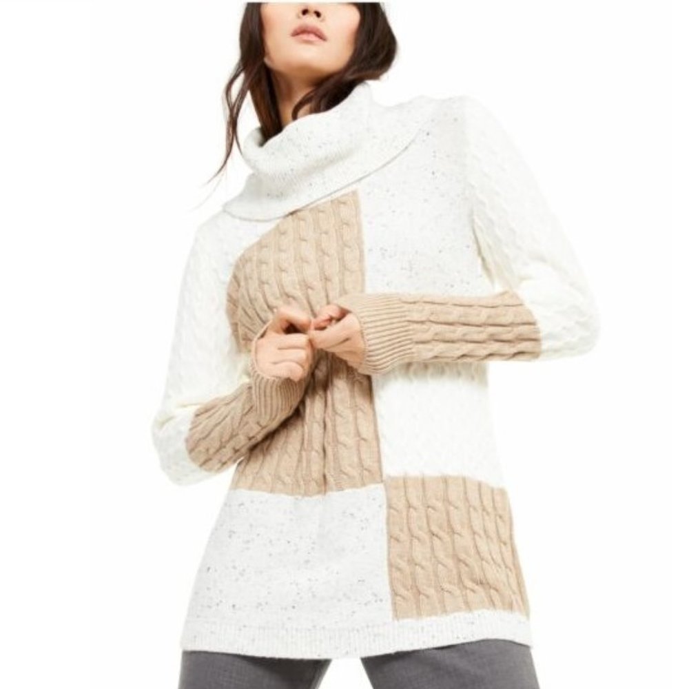CALVIN KLEIN Acrylic Blend White Mixed Stitch Colorblocked Cowlneck Sweater - Picture 1 of 12